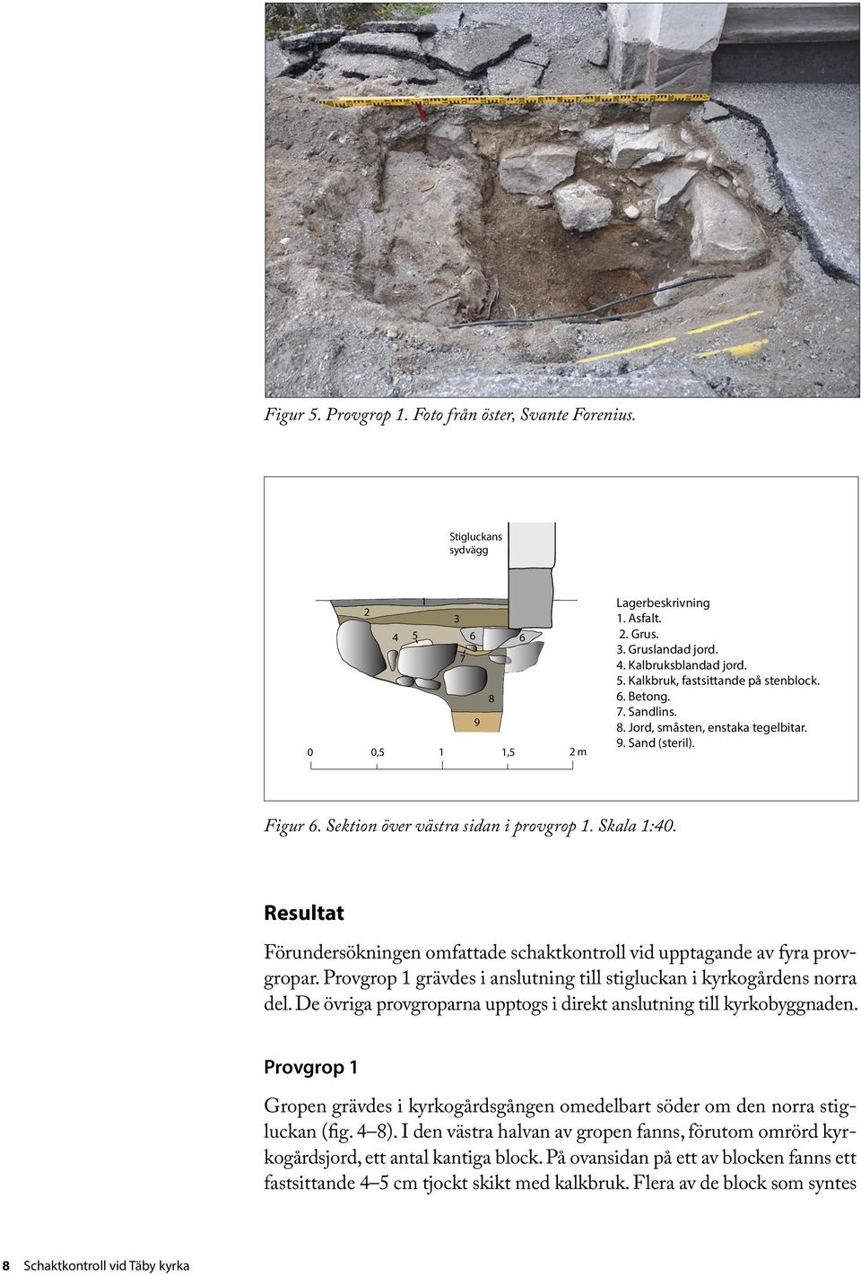 Resultat Förundersökningen omfattade schaktkontroll vid upptagande av fyra provgropar. Provgrop 1 grävdes i anslutning till stigluckan i kyrkogårdens norra del.