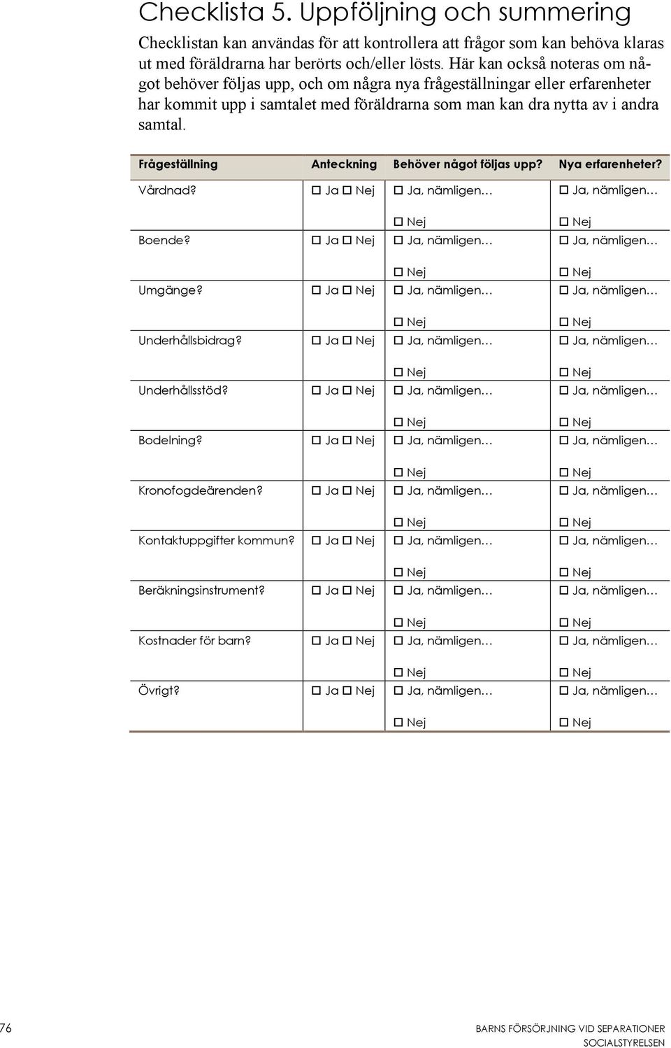 Frågeställning Anteckning Behöver något följas upp? Nya erfarenheter? Vårdnad? Ja Nej Ja, nämligen Nej Boende? Ja Nej Ja, nämligen Nej Umgänge? Ja Nej Ja, nämligen Nej Underhållsbidrag?