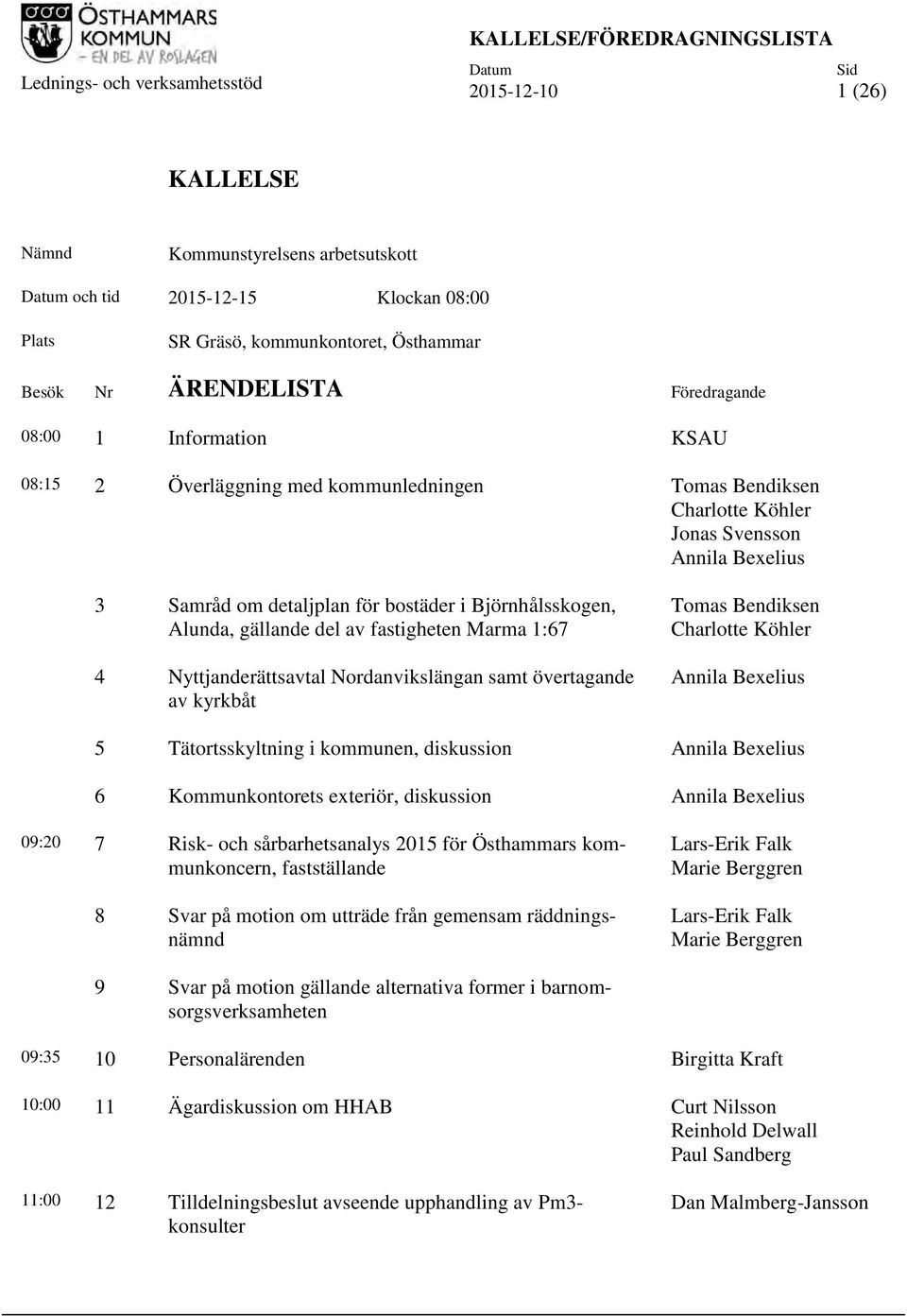 om detaljplan för bostäder i Björnhålsskogen, Alunda, gällande del av fastigheten Marma 1:67 4 Nyttjanderättsavtal Nordanvikslängan samt övertagande av kyrkbåt Tomas Bendiksen Charlotte Köhler Annila