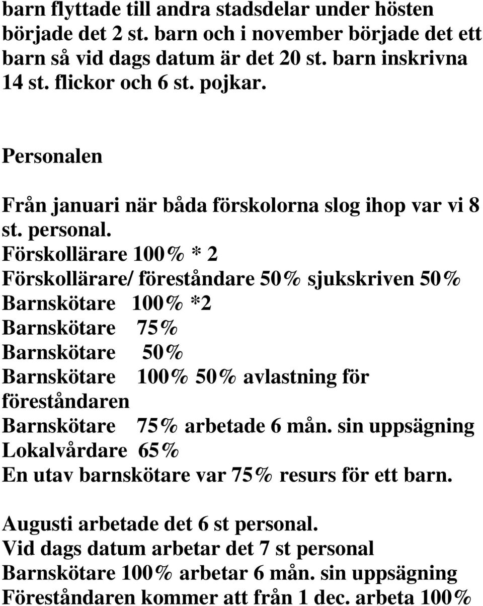 Förskollärare 100% * 2 Förskollärare/ föreståndare 50% sjukskriven 50% Barnskötare 100% *2 Barnskötare 75% Barnskötare 50% Barnskötare 100% 50% avlastning för föreståndaren