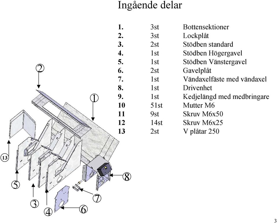 2st Gavelplåt 7. 1st Vändaxelfäste med vändaxel 8. 1st Drivenhet 9.