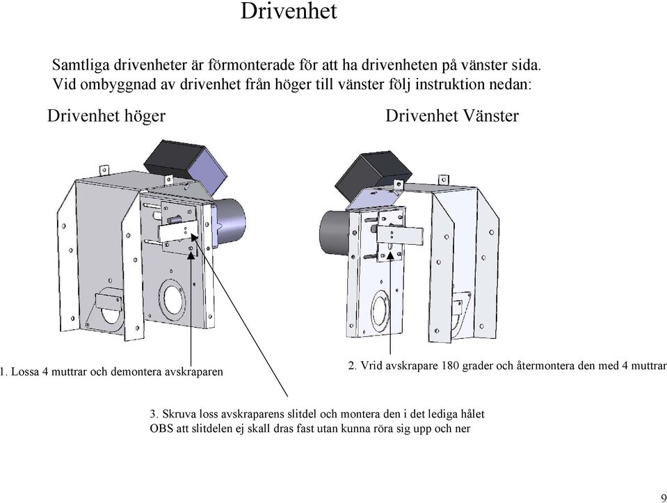 Lossa 4 muttrar och demontera avskraparen 2. Vrid avskrapare 180 grader och återmontera den med 4 muttrar 3.