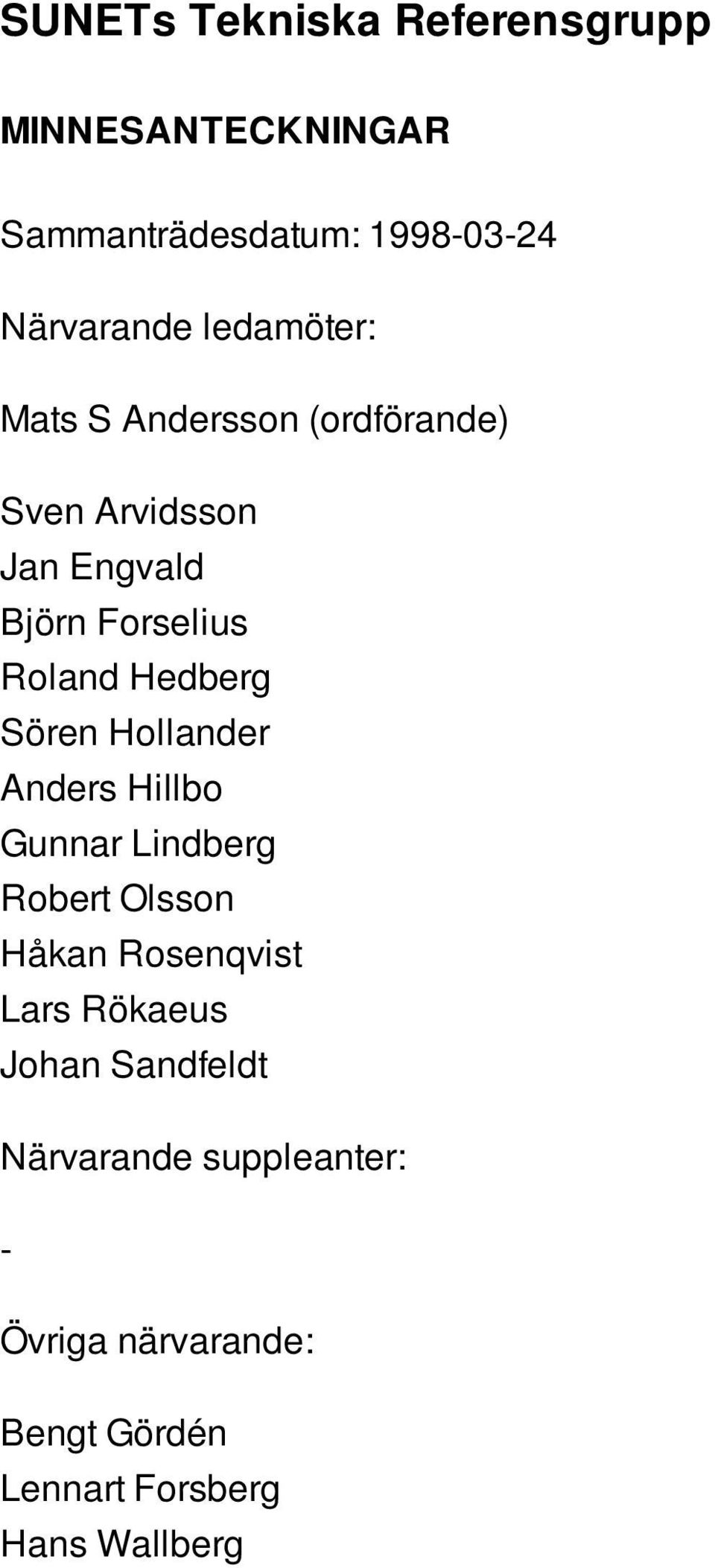 Hedberg Sören Hollander Anders Hillbo Gunnar Lindberg Robert Olsson Håkan Rosenqvist Lars