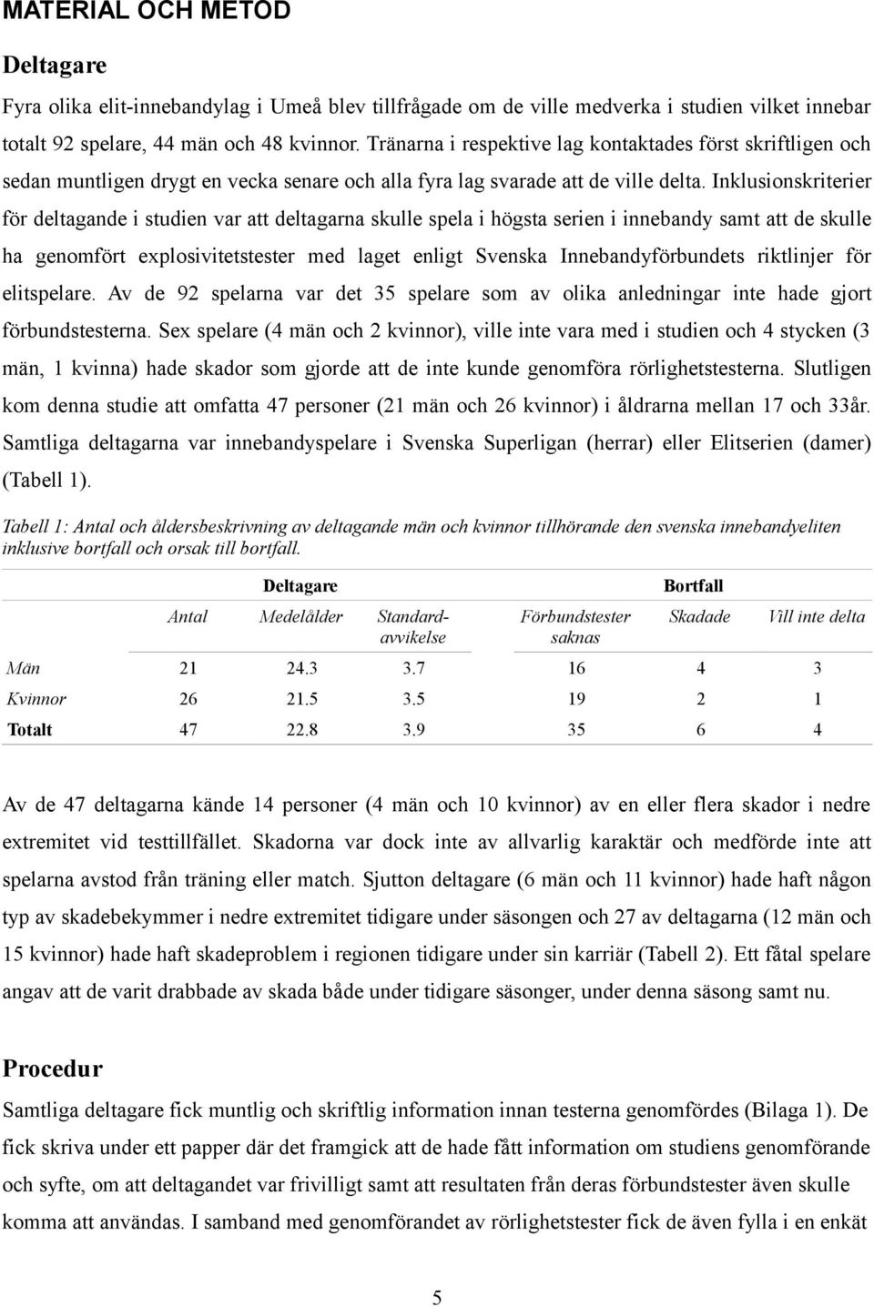 Inklusionskriterier för deltagande i studien var att deltagarna skulle spela i högsta serien i innebandy samt att de skulle ha genomfört explosivitetstester med laget enligt Svenska