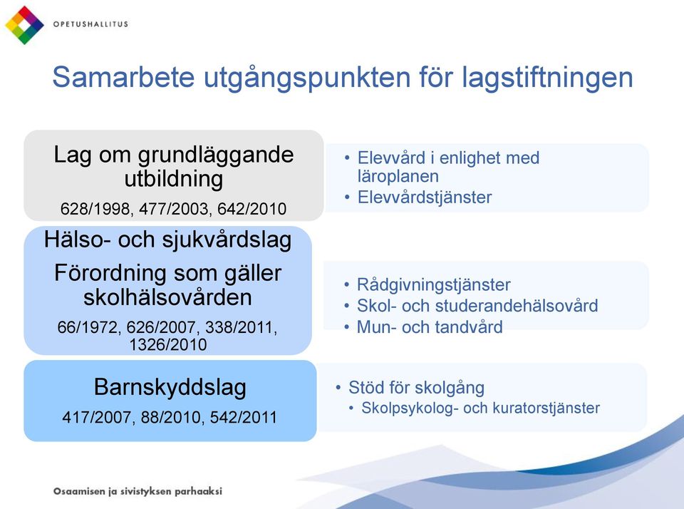 Barnskyddslag 417/2007, 88/2010, 542/2011 Elevvård i enlighet med läroplanen Elevvårdstjänster