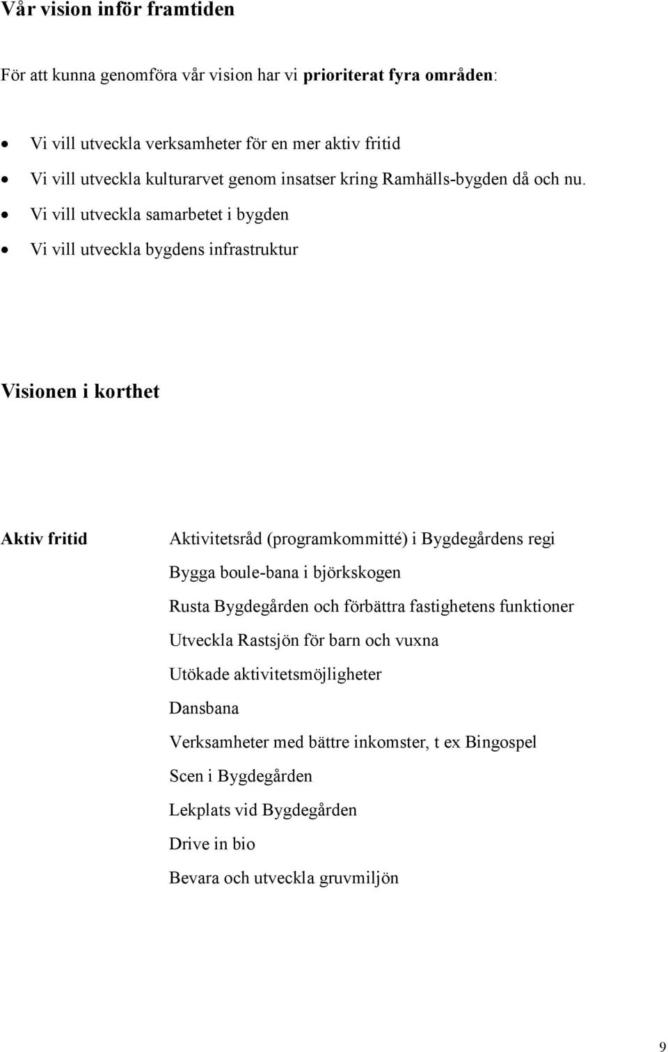 Vi vill utveckla samarbetet i bygden Vi vill utveckla bygdens infrastruktur Visionen i korthet Aktiv fritid Aktivitetsråd (programkommitté) i Bygdegårdens regi Bygga