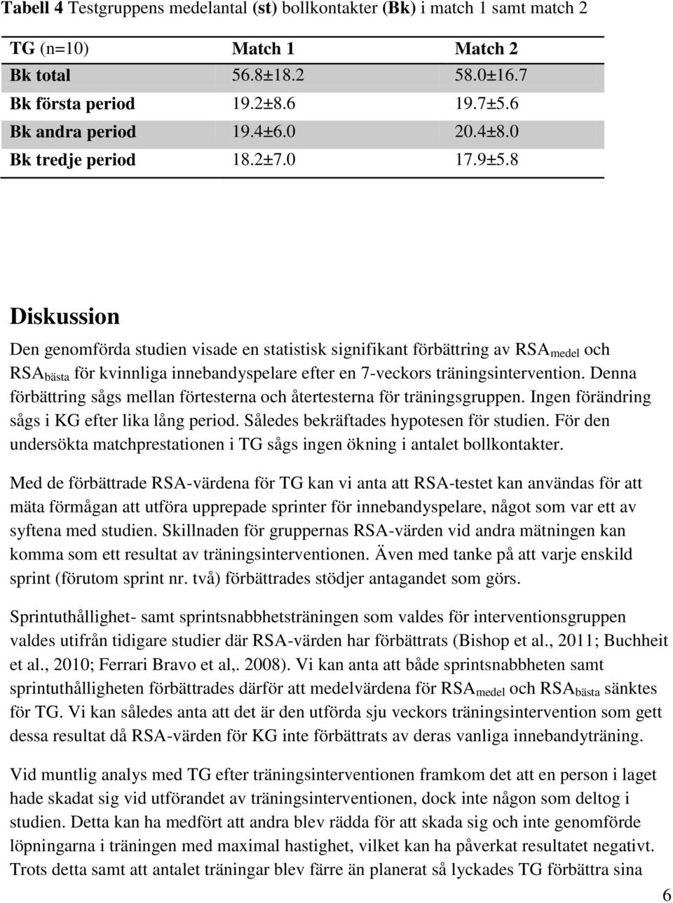 8 Diskussion Den genomförda studien visade en statistisk signifikant förbättring av RSA medel och RSA bästa för kvinnliga innebandyspelare efter en 7-veckors träningsintervention.