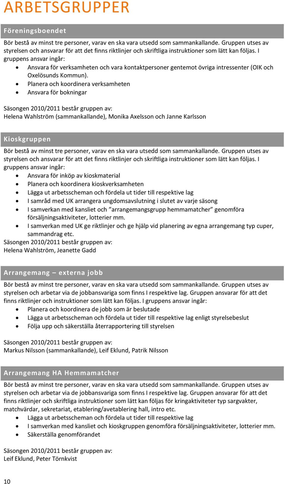 I gruppens ansvar ingår: Ansvara för verksamheten och vara kontaktpersoner gentemot övriga intressenter (OIK och Oxelösunds Kommun).