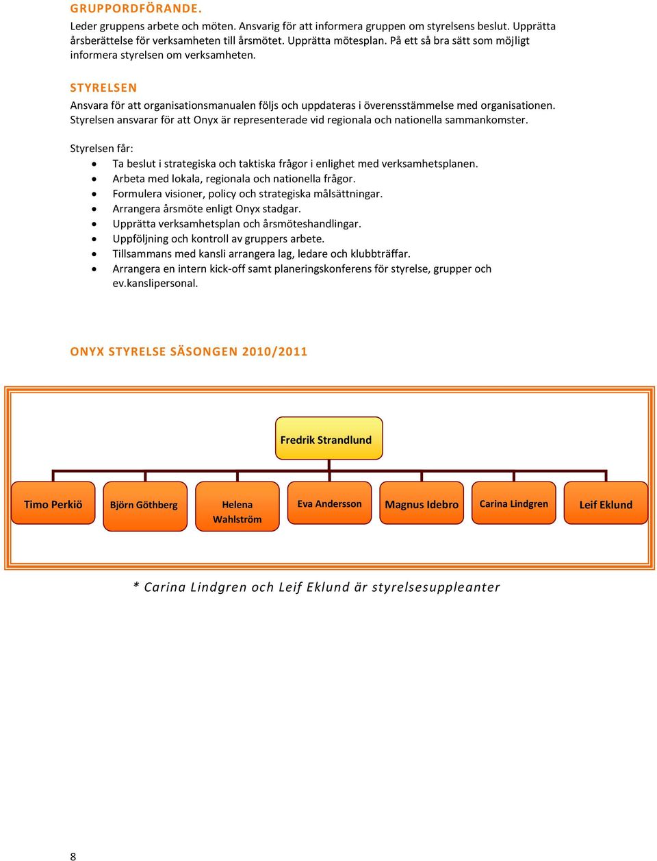 Styrelsen ansvarar för att Onyx är representerade vid regionala och nationella sammankomster. Styrelsen får: Ta beslut i strategiska och taktiska frågor i enlighet med verksamhetsplanen.