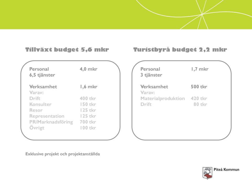 PR/Marknadsföring Övrigt 1,6 mkr 400 tkr 150 tkr 125 tkr 125 tkr 700 tkr 100 tkr