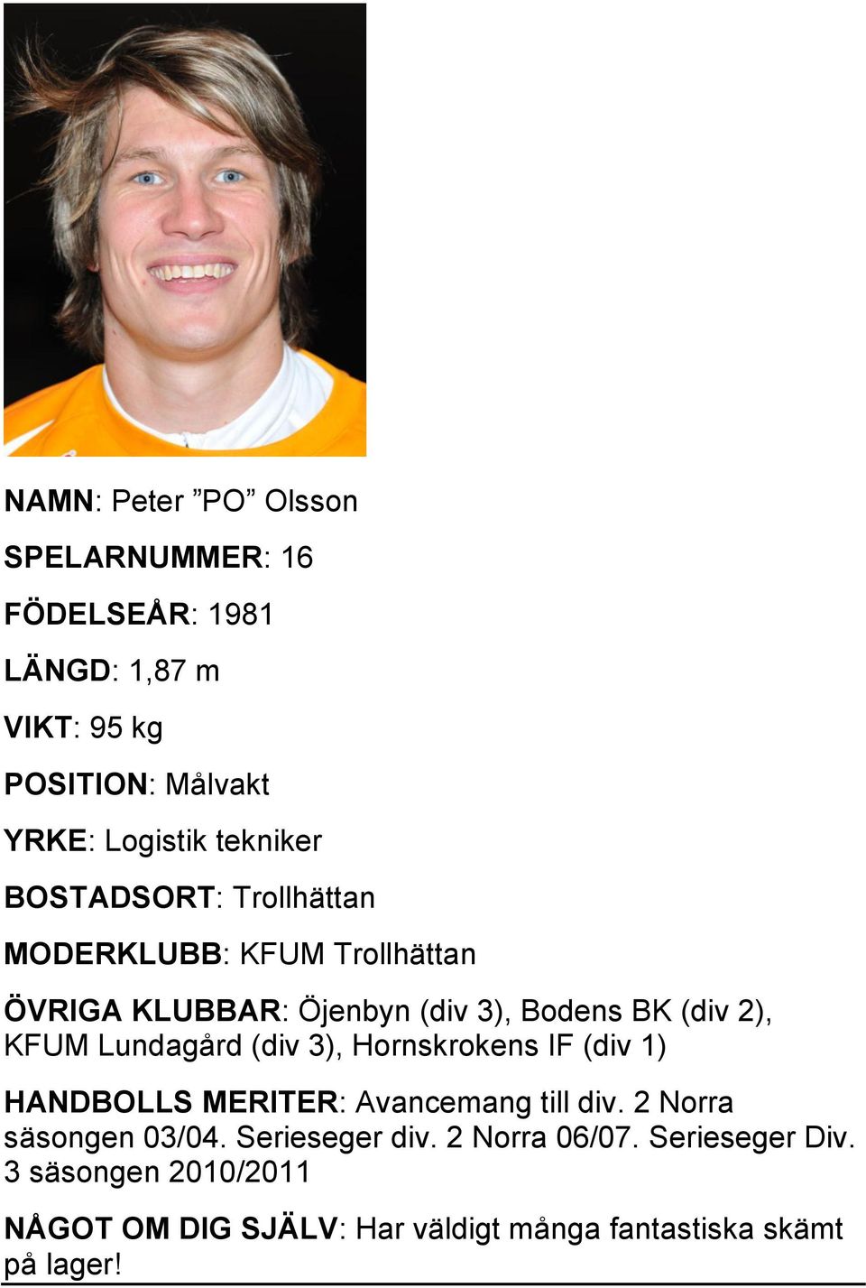 Hornskrokens IF (div 1) HANDBOLLS MERITER: Avancemang till div. 2 Norra säsongen 03/04. Serieseger div.