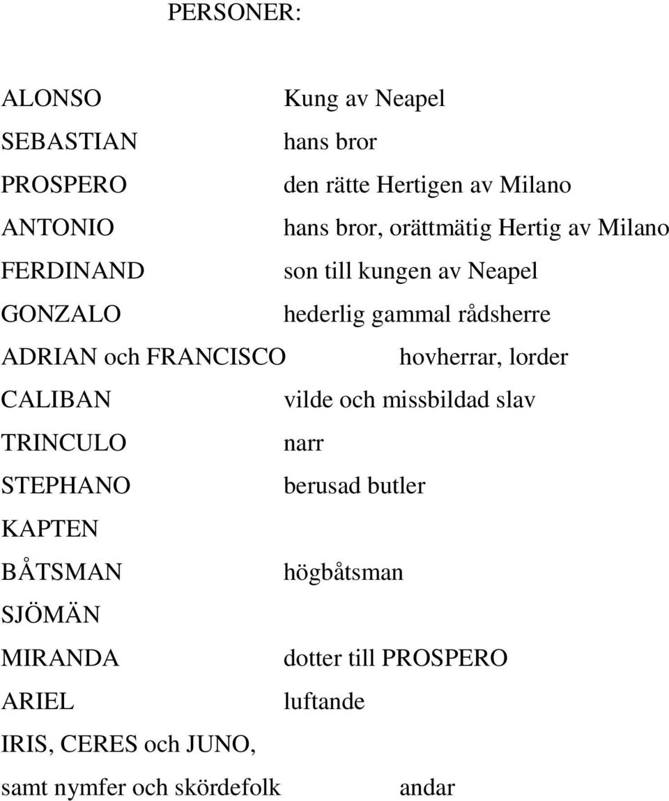 FRANCISCO hovherrar, lorder CALIBAN vilde och missbildad slav TRINCULO narr STEPHANO berusad butler KAPTEN