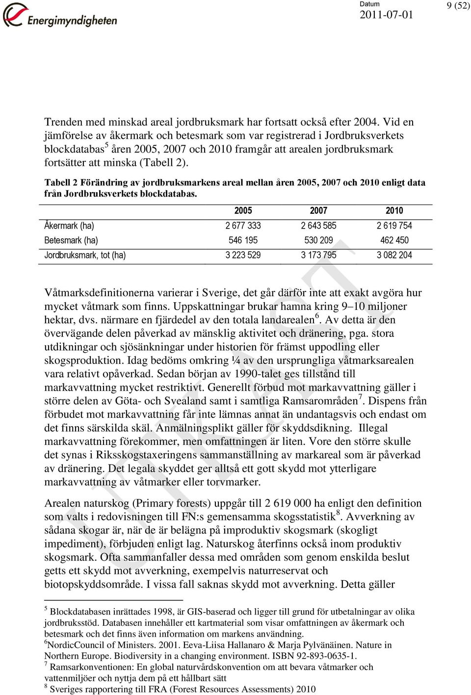 Tabell 2 Förändring av jordbruksmarkens areal mellan åren 2005, 2007 och 2010 enligt data från Jordbruksverkets blockdatabas.