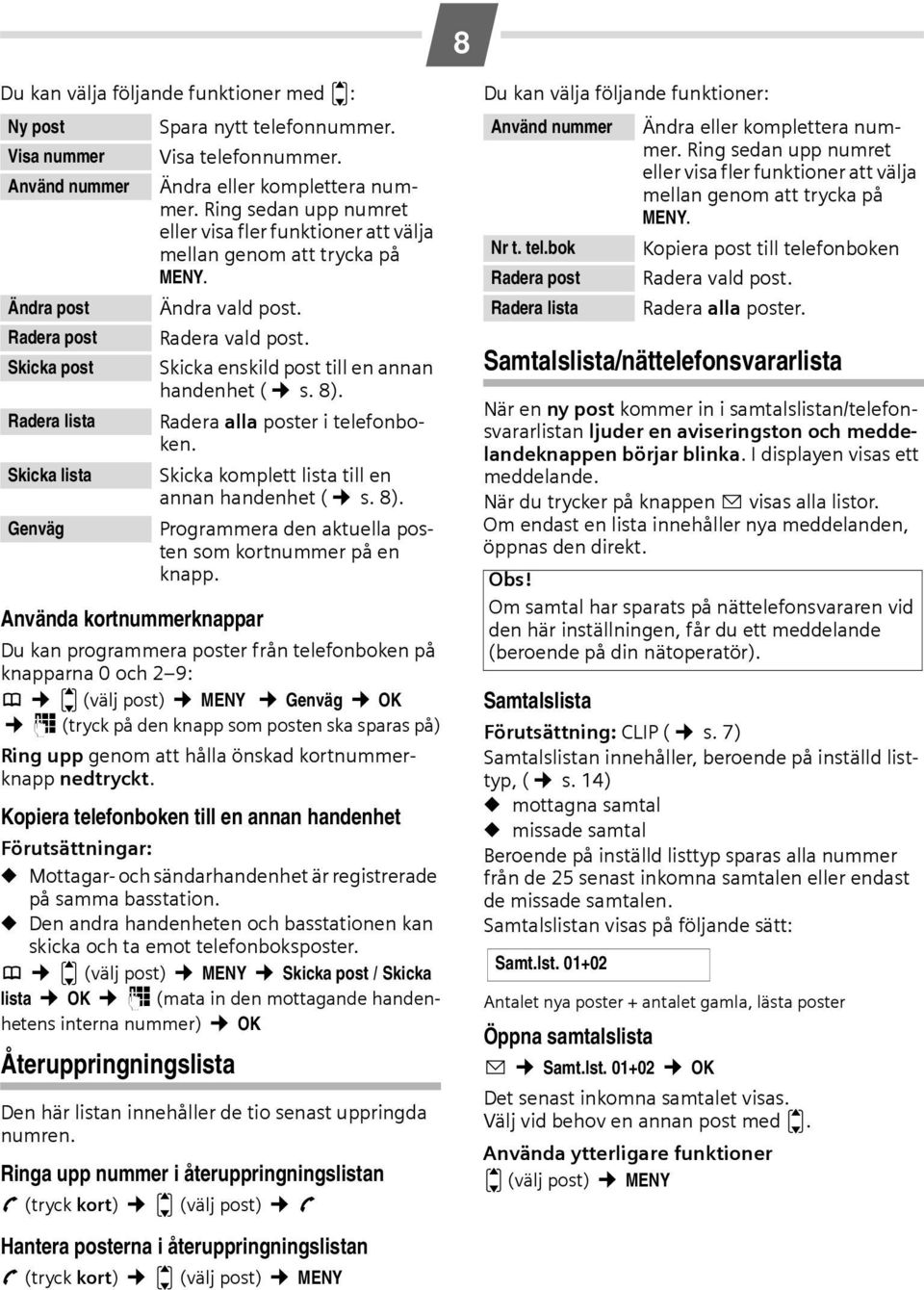 Skicka post Skicka enskild post till en annan handenhet ( s. 8). Radera lista Radera alla poster i telefonboken. Skicka lista Skicka komplett lista till en annan handenhet ( s. 8). Genväg Programmera den aktuella posten som kortnummer på en knapp.