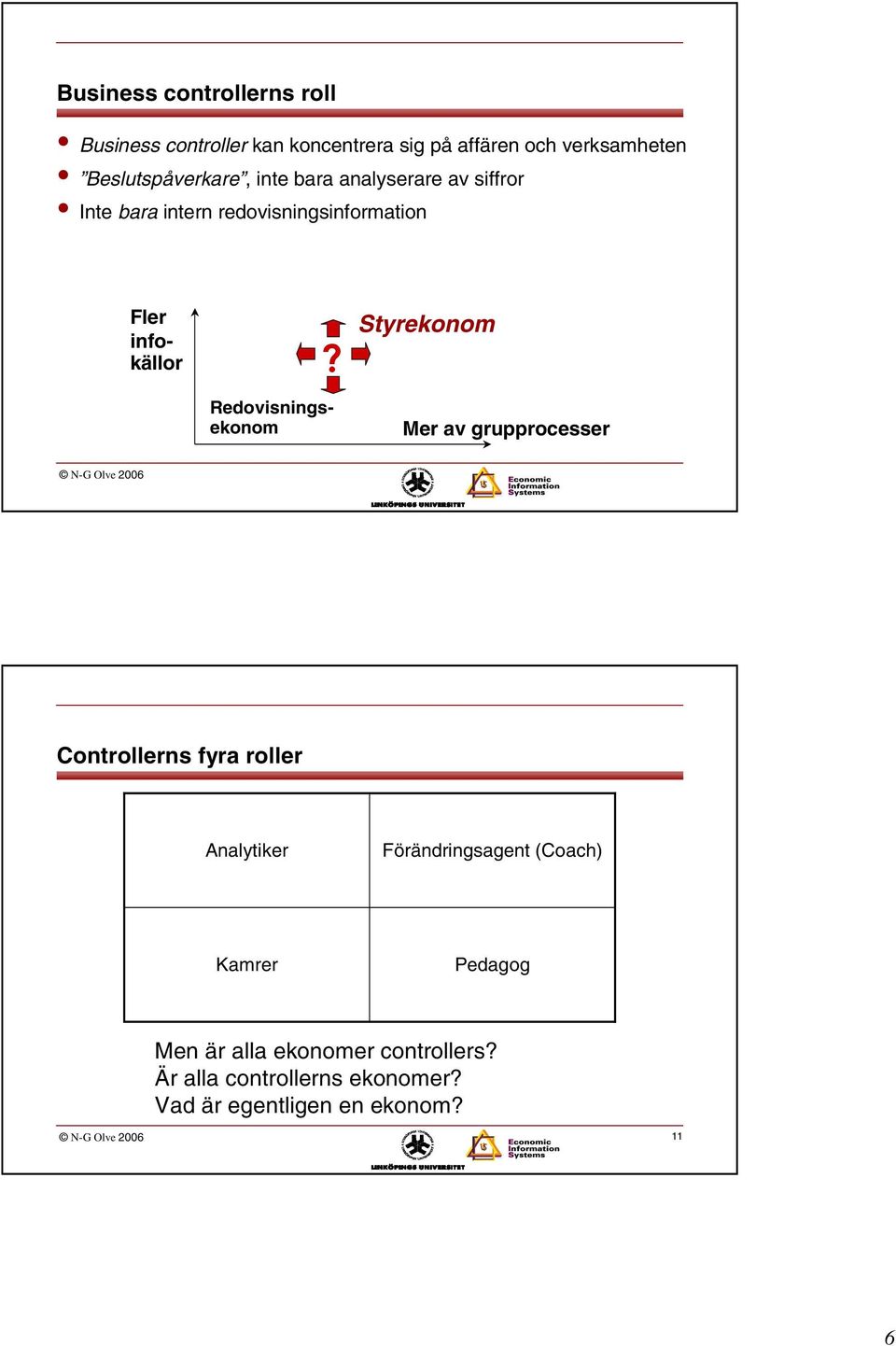 Fler infokällor Redovisningsekonom Styrekonom Mer av grupprocesser N-G Olve 2006 Controllerns fyra roller