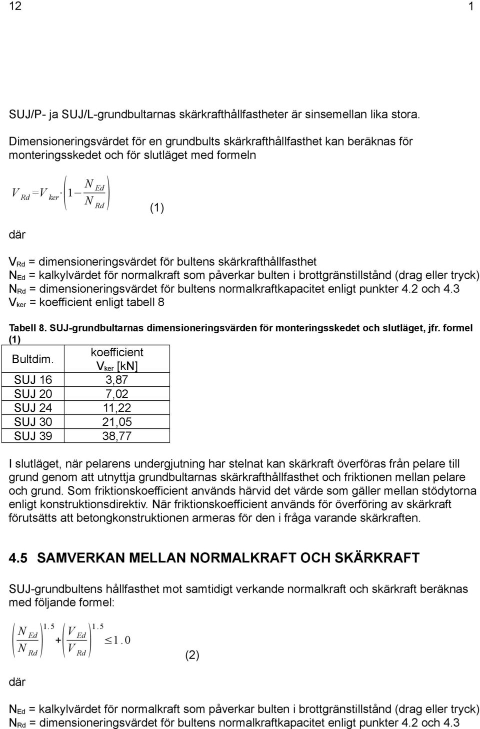 bultens skärkrafthållfasthet N Ed = kalkylvärdet för normalkraft som påverkar bulten i brottgränstillstånd (drag eller tryck) N Rd = dimensioneringsvärdet för bultens normalkraftkapacitet enligt