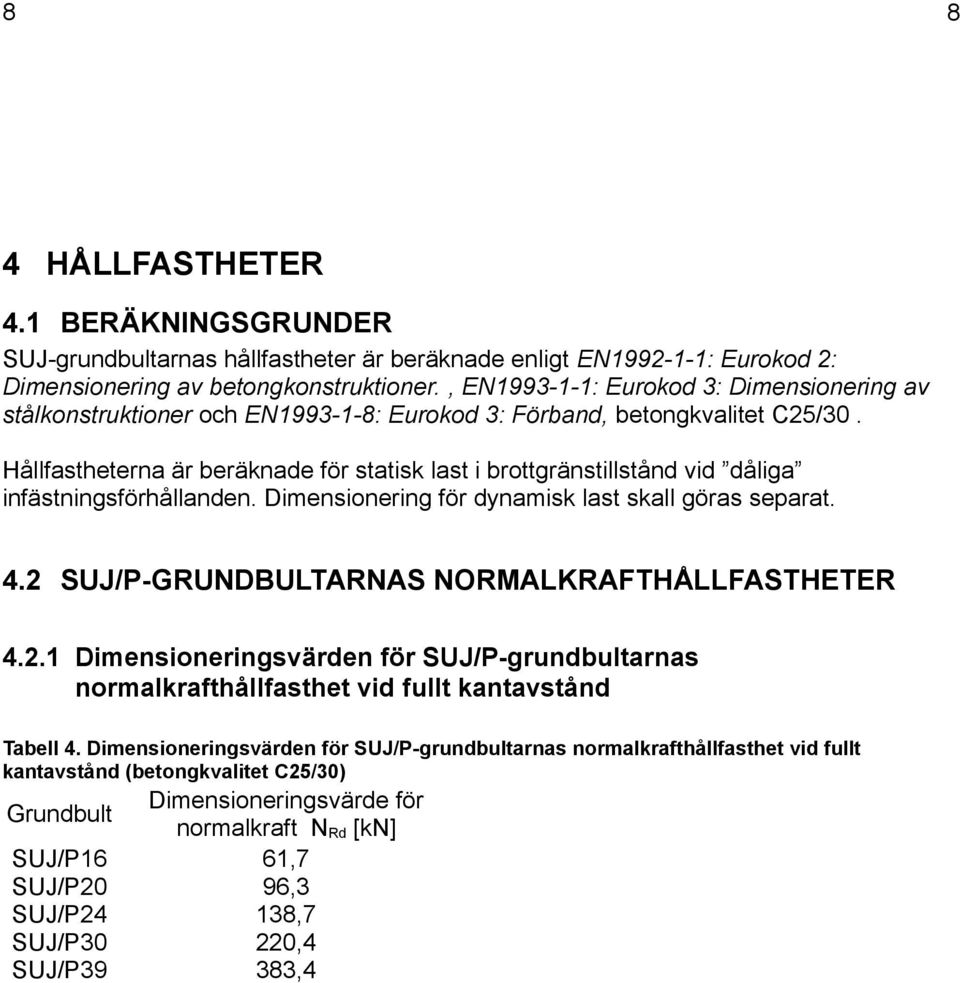 Hållfastheterna är beräknade för statisk last i brottgränstillstånd vid dåliga infästningsförhållanden. Dimensionering för dynamisk last skall göras separat. 4.