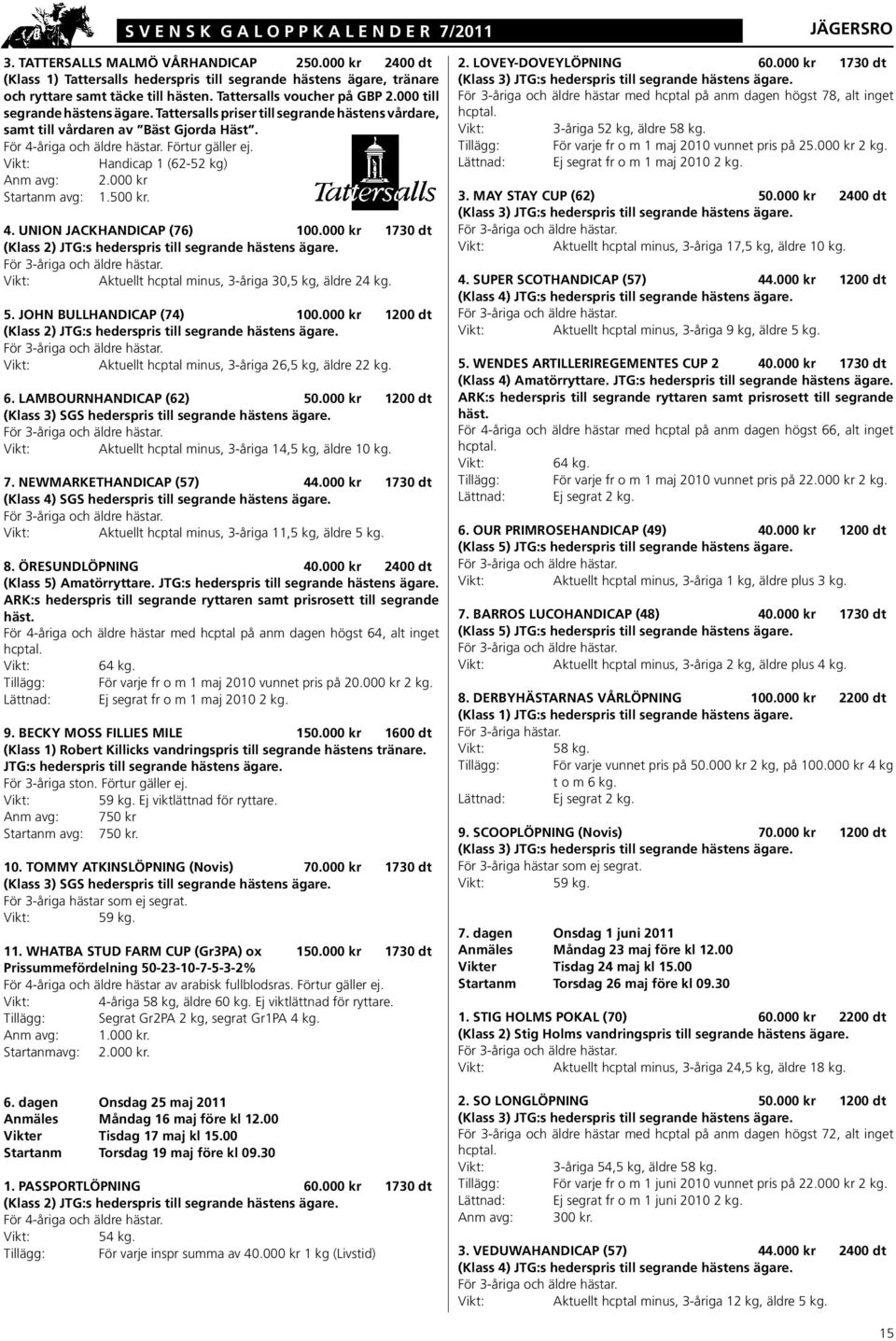 Tattersalls priser till segrande hästens vårdare, samt till vårdaren av Bäst Gjorda Häst. Förtur gäller ej. Handicap 1 (62-52 kg) Anm avg: 2.000 kr Startanm avg: 1.500 kr. 4.