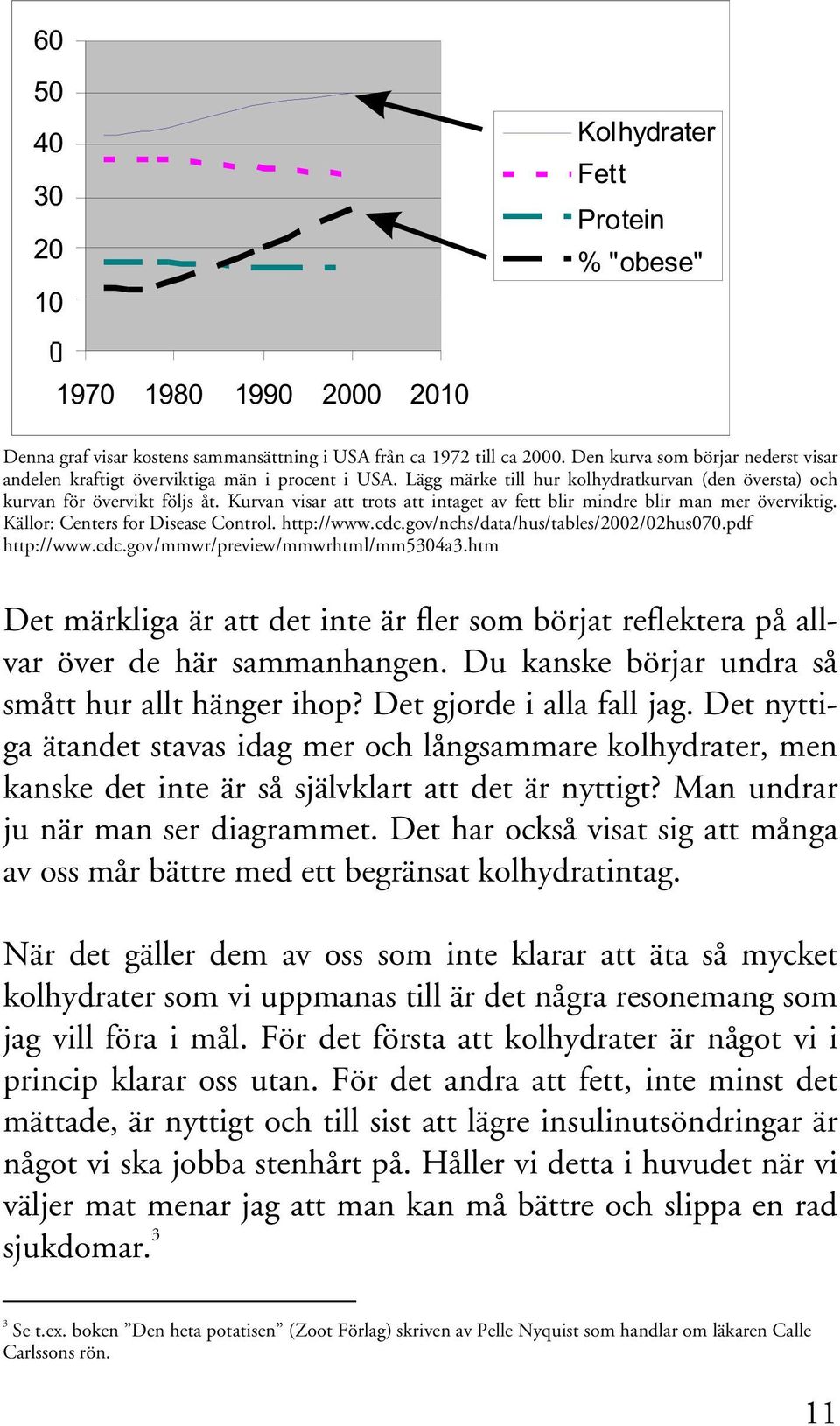 Kurvan visar att trots att intaget av fett blir mindre blir man mer överviktig. Källor: Centers for Disease Control. http://www.cdc.gov/nchs/data/hus/tables/2002/02hus070.pdf http://www.cdc.gov/mmwr/preview/mmwrhtml/mm5304a3.