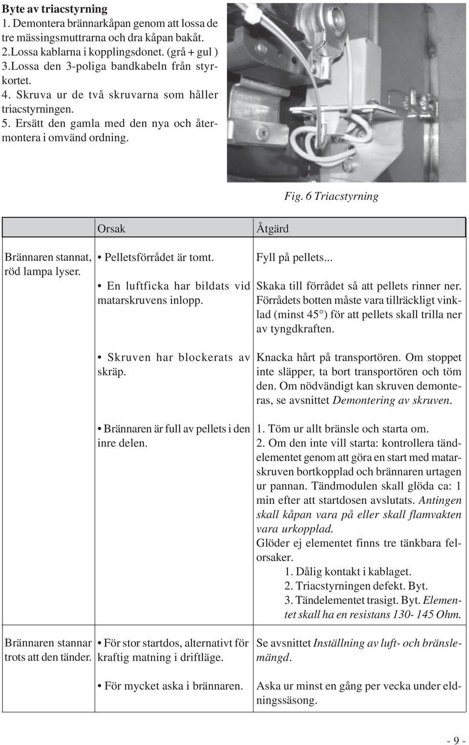 6 Triacstyrning Fel Orsak Åtgärd Brännaren stannat, röd lampa lyser. Brännaren stannar trots att den tänder. Pelletsförrådet är tomt. En luftficka har bildats vid matarskruvens inlopp.