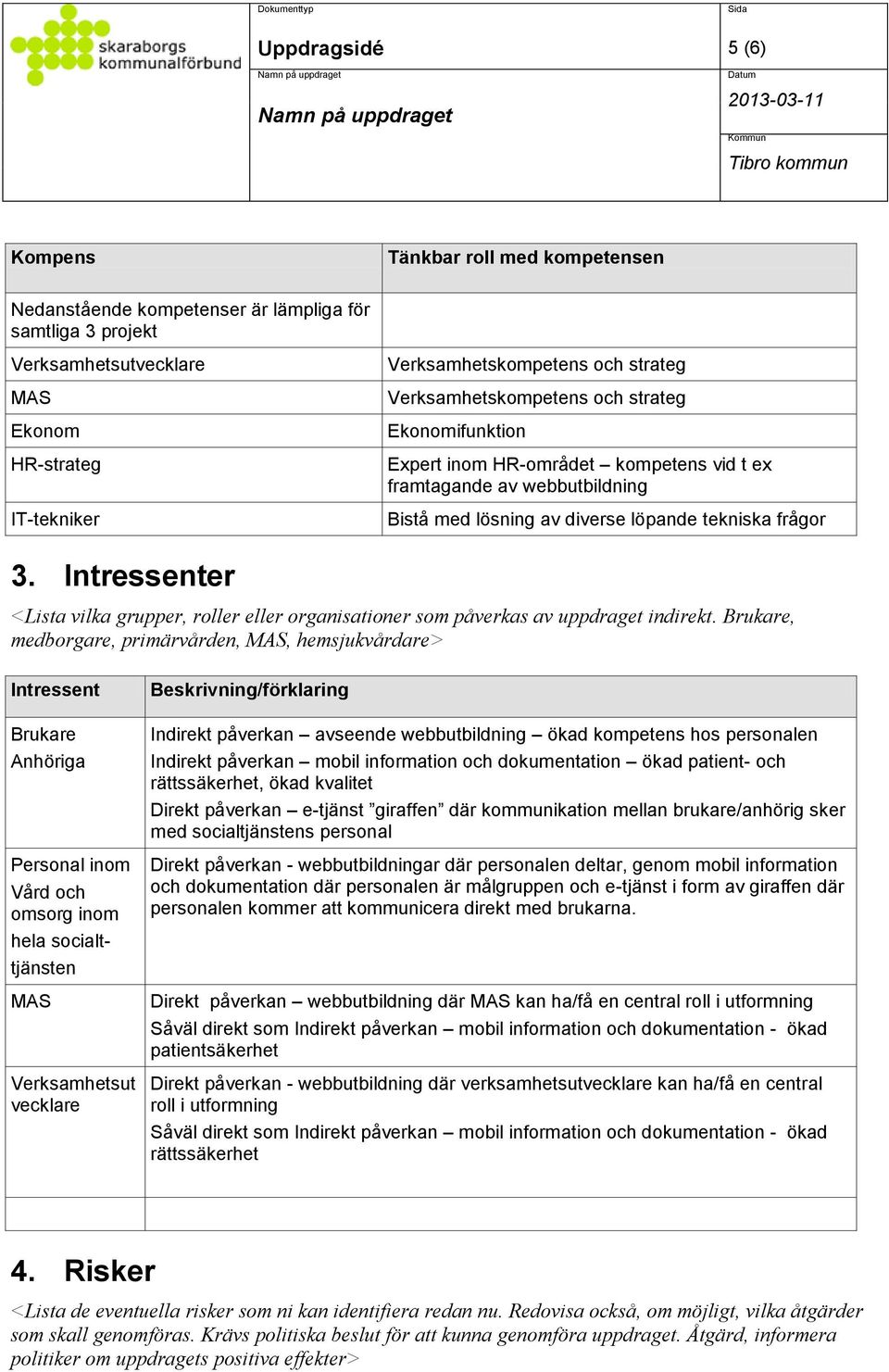 Intressenter <Lista vilka grupper, roller eller organisationer som påverkas av uppdraget indirekt.