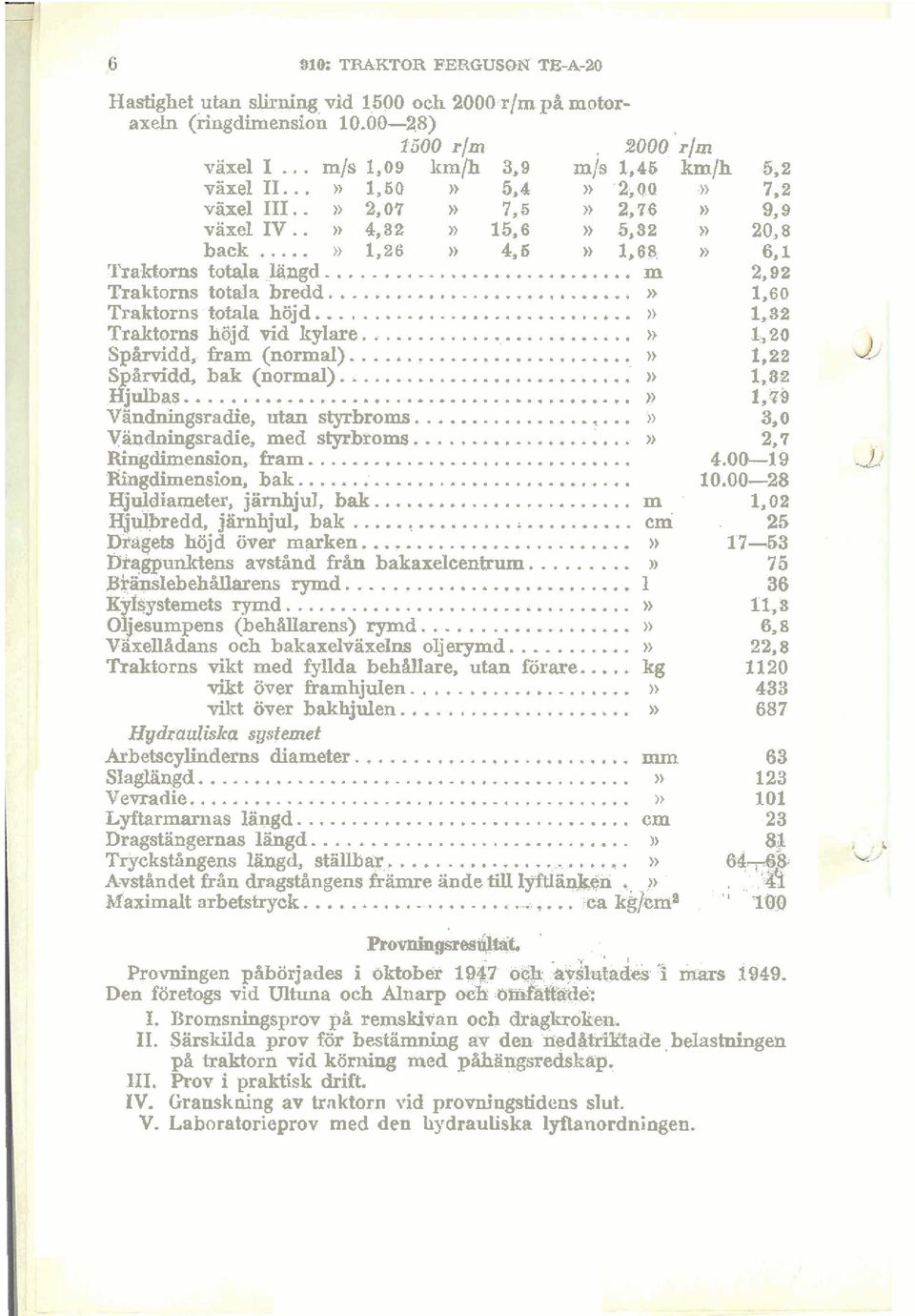 ..» 1.60 Traktorns totala höjd... >) 1. 32 Traktorns höjd vid kylare...» 1. 20 Spårvidd. fram (normal)...» 1.22 S årvidd. bak (normal)... 1. 32 &bas...» I. 79 Vandningsradie. utan styrbroms...» 3.