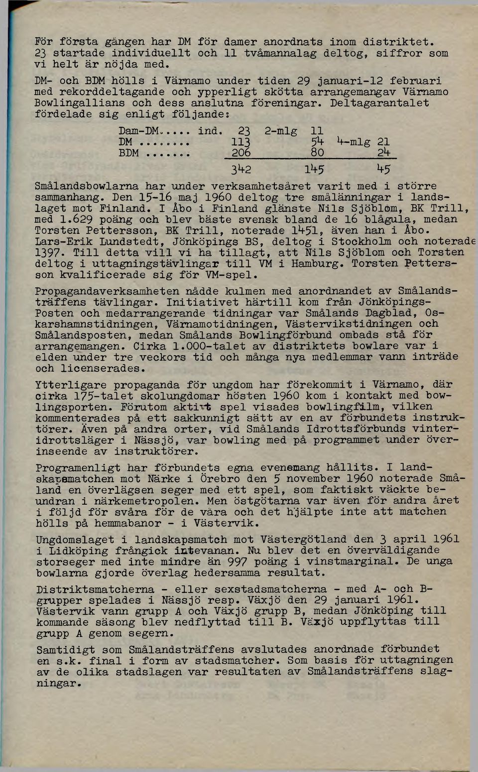 Deltagarantalet fördelade sig enligt följande; Dam-DMc... ind. 23 2-mlg 11 D M... 113 5^ *f-mlg 21 B D M.