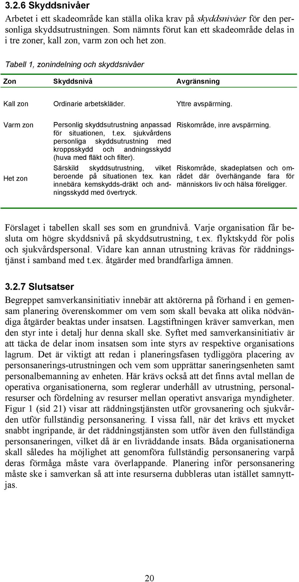 Yttre avspärrning. Varm zon Het zon Personlig skyddsutrustning anpassad för situationen, t.ex. sjukvårdens personliga skyddsutrustning med kroppsskydd och andningsskydd (huva med fläkt och filter).