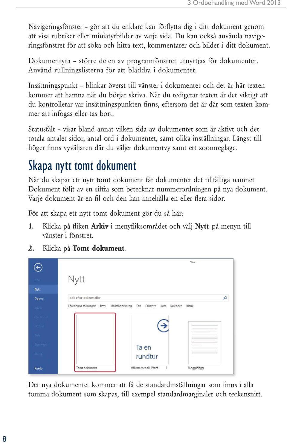 Använd rullningslisterna för att bläddra i dokumentet. Insättningspunkt blinkar överst till vänster i dokumentet och det är här texten kommer att hamna när du börjar skriva.