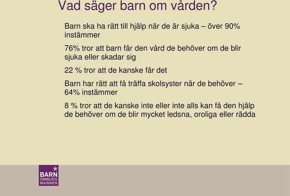 de behöver om de blir sjuka eller skadar sig 22 % tror att de kanske får det Barn har rätt att