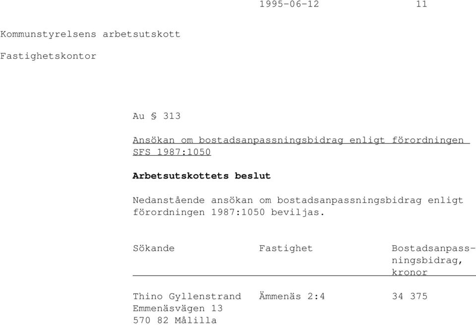 bostadsanpassningsbidrag enligt förordningen 1987:1050 beviljas.