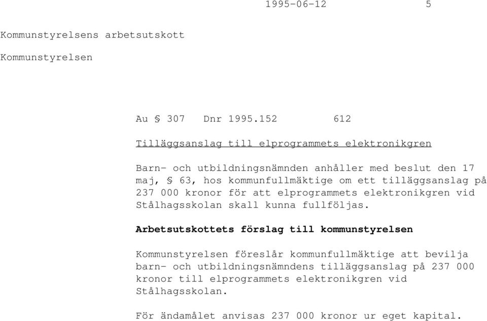 om ett tilläggsanslag på 237 000 kronor för att elprogrammets elektronikgren vid Stålhagsskolan skall kunna fullföljas.