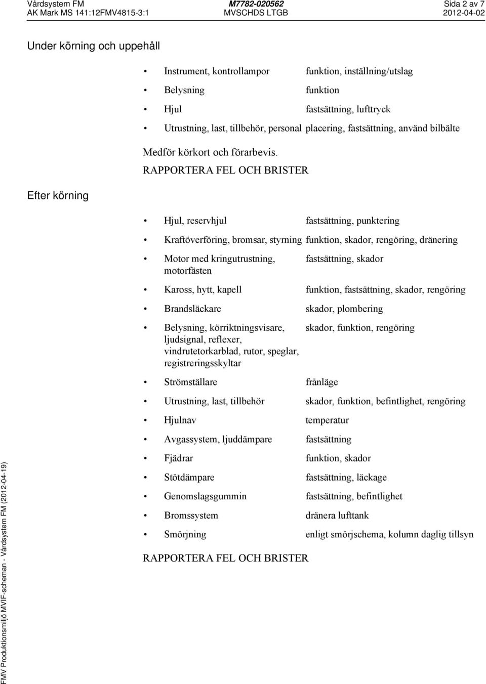 Efter körning Hjul, reservhjul fastsättning, punktering Kraftöverföring, bromsar, styrning funktion, skador, rengöring, dränering Motor med kringutrustning, motorfästen fastsättning, skador Kaross,