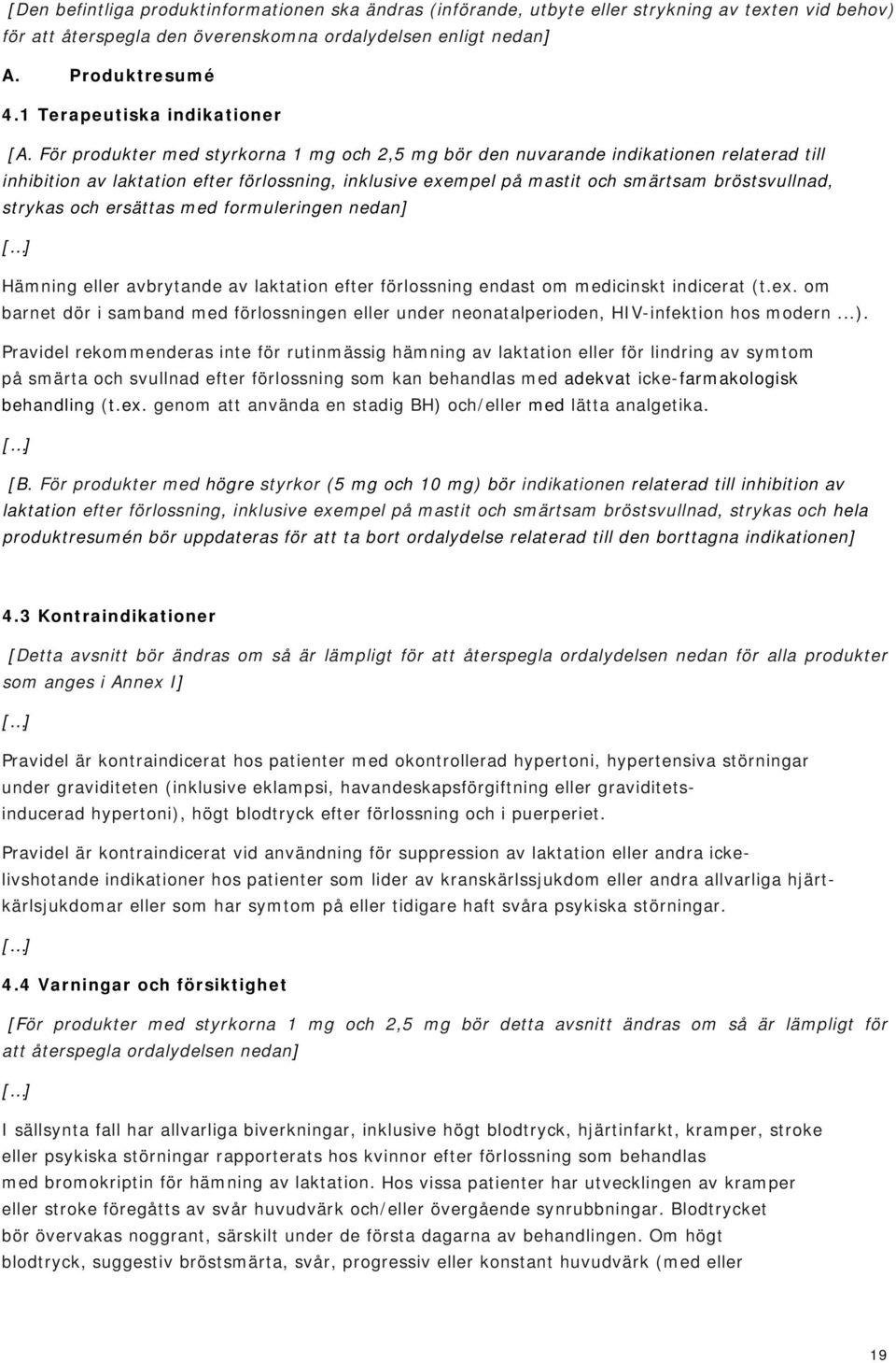 För produkter med styrkorna 1 mg och 2,5 mg bör den nuvarande indikationen relaterad till inhibition av laktation efter förlossning, inklusive exempel på mastit och smärtsam bröstsvullnad, strykas