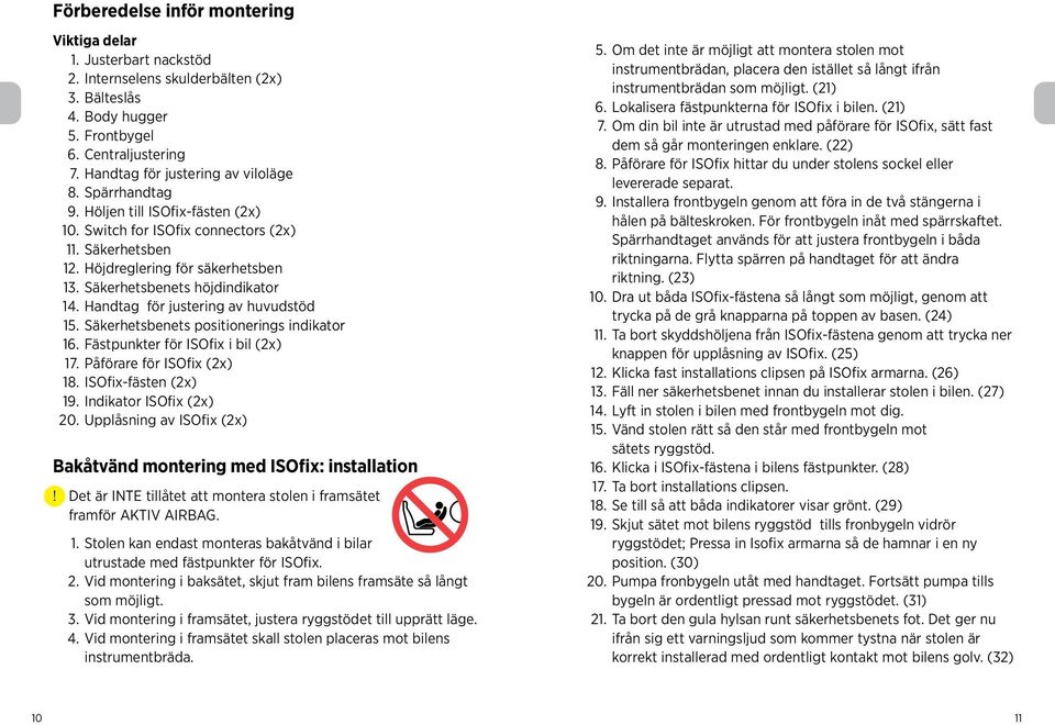 Säkerhetsbenets höjdindikator 14. Handtag för justering av huvudstöd 15. Säkerhetsbenets positionerings indikator 16. Fästpunkter för ISOfix i bil (2x) 17. Påförare för ISOfix (2x) 18.