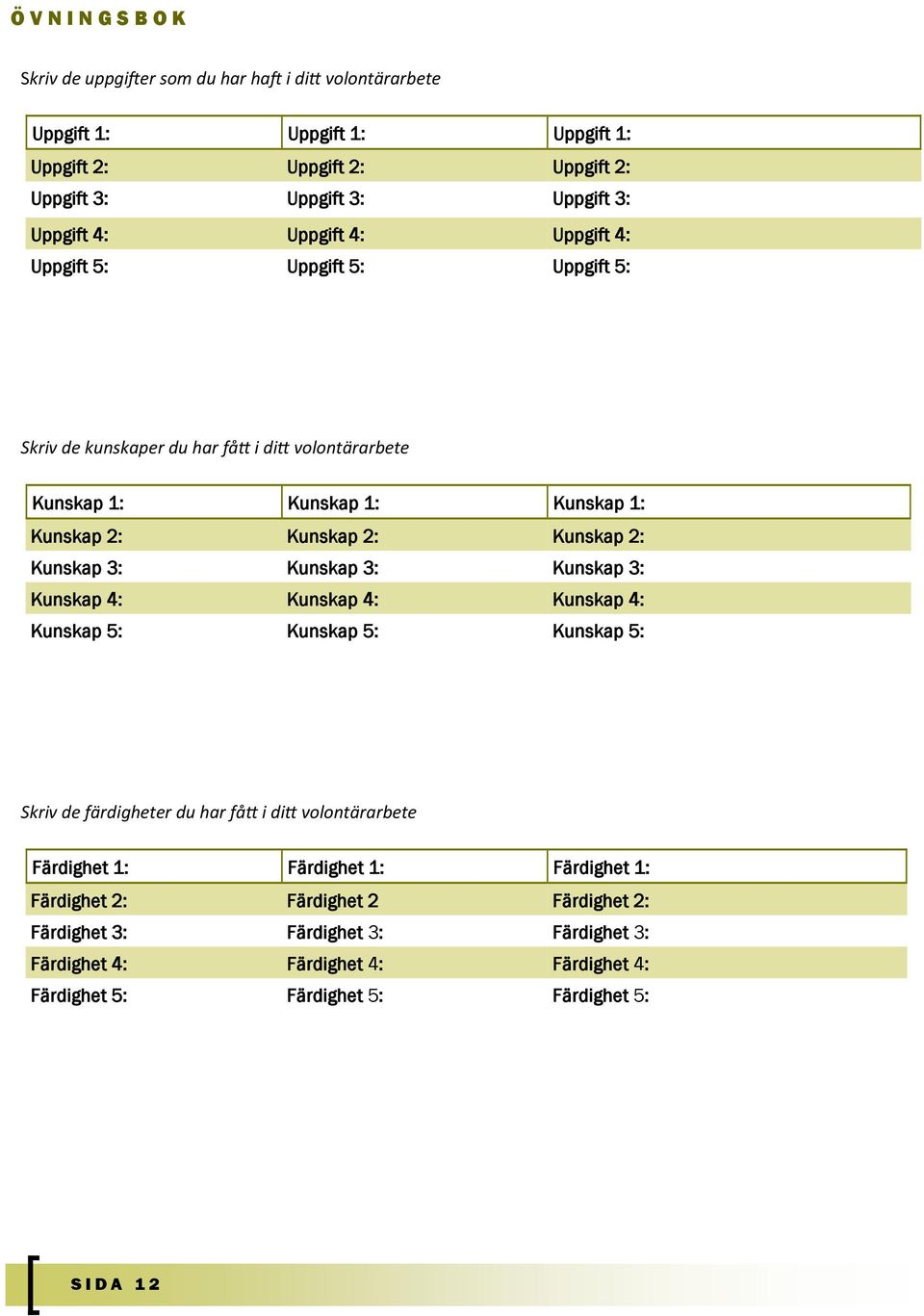 3: Kunskap 3: Kunskap 3: Kunskap 4: Kunskap 4: Kunskap 4: Kunskap 5: Kunskap 5: Kunskap 5: Skriv de färdigheter du har fått i ditt volontärarbete Färdighet 1: Färdighet 1: