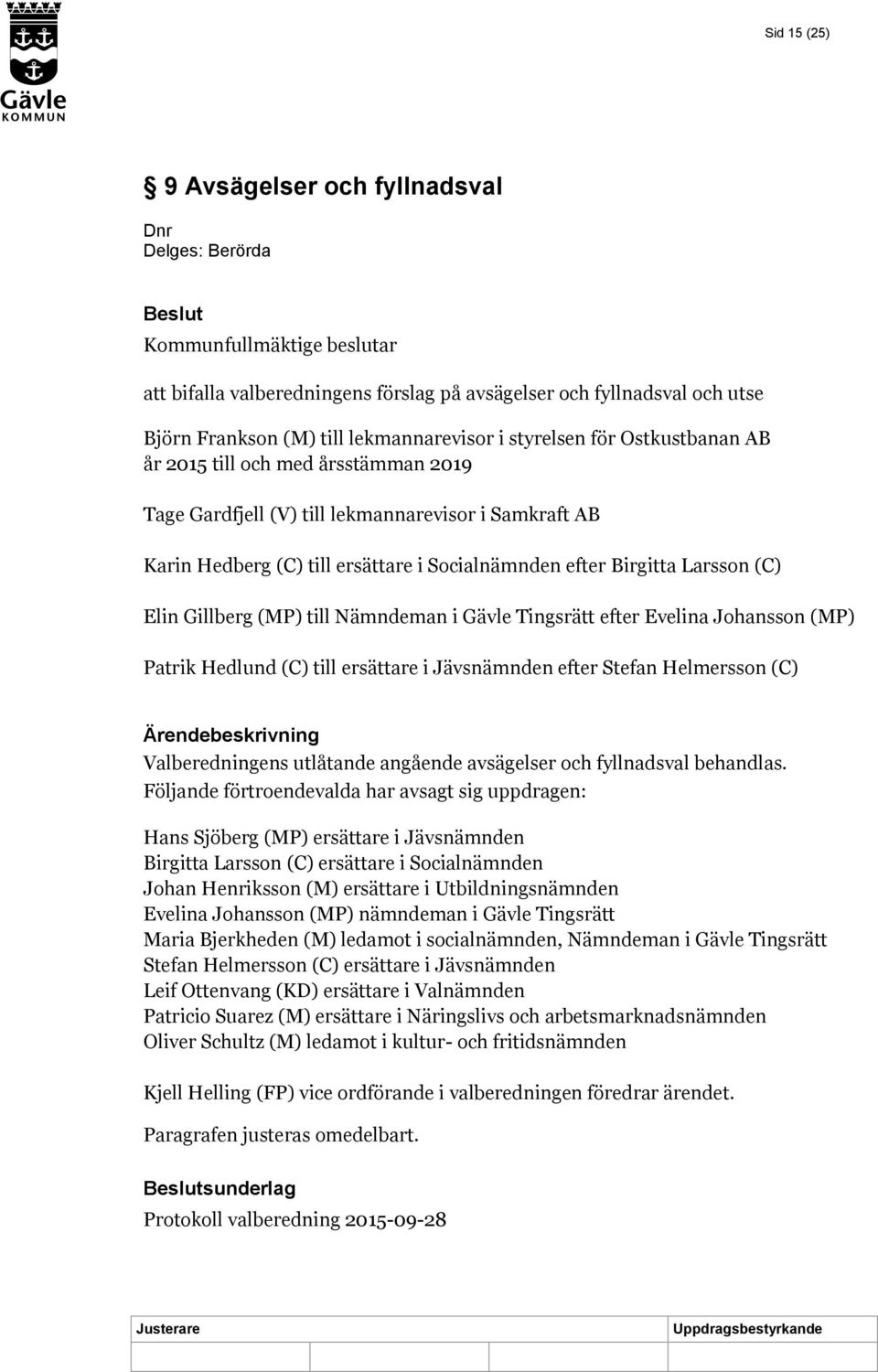 Birgitta Larsson (C) Elin Gillberg (MP) till Nämndeman i Gävle Tingsrätt efter Evelina Johansson (MP) Patrik Hedlund (C) till ersättare i Jävsnämnden efter Stefan Helmersson (C) Ärendebeskrivning
