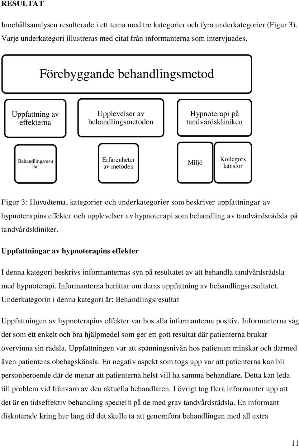 3: Huvudtema, kategorier och underkategorier som beskriver uppfattningar av hypnoterapins effekter och upplevelser av hypnoterapi som behandling av tandvårdsrädsla på tandvårdskliniker.