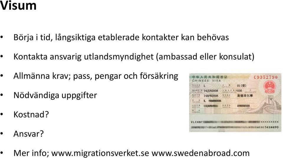 Allmänna krav; pass, pengar och försäkring Nödvändiga uppgifter