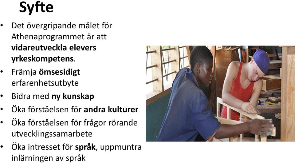Främja ömsesidigt erfarenhetsutbyte Bidra med ny kunskap Öka förståelsen