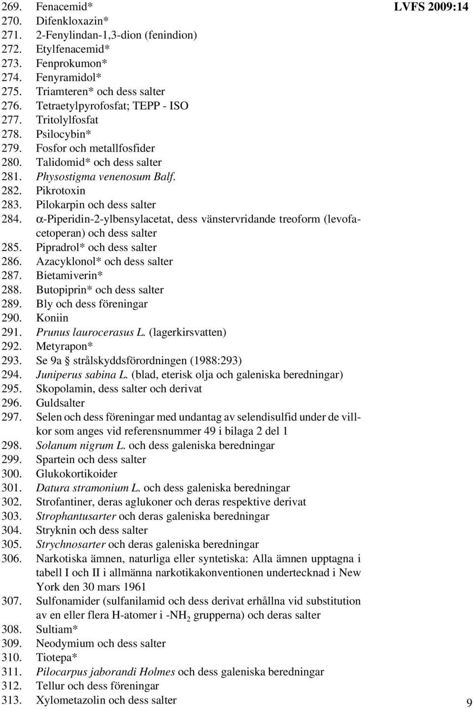 Pilokarpin och dess salter 284. α-piperidin-2-ylbensylacetat, dess vänstervridande treoform (levofacetoperan) och dess salter 285. Pipradrol* och dess salter 286. Azacyklonol* och dess salter 287.