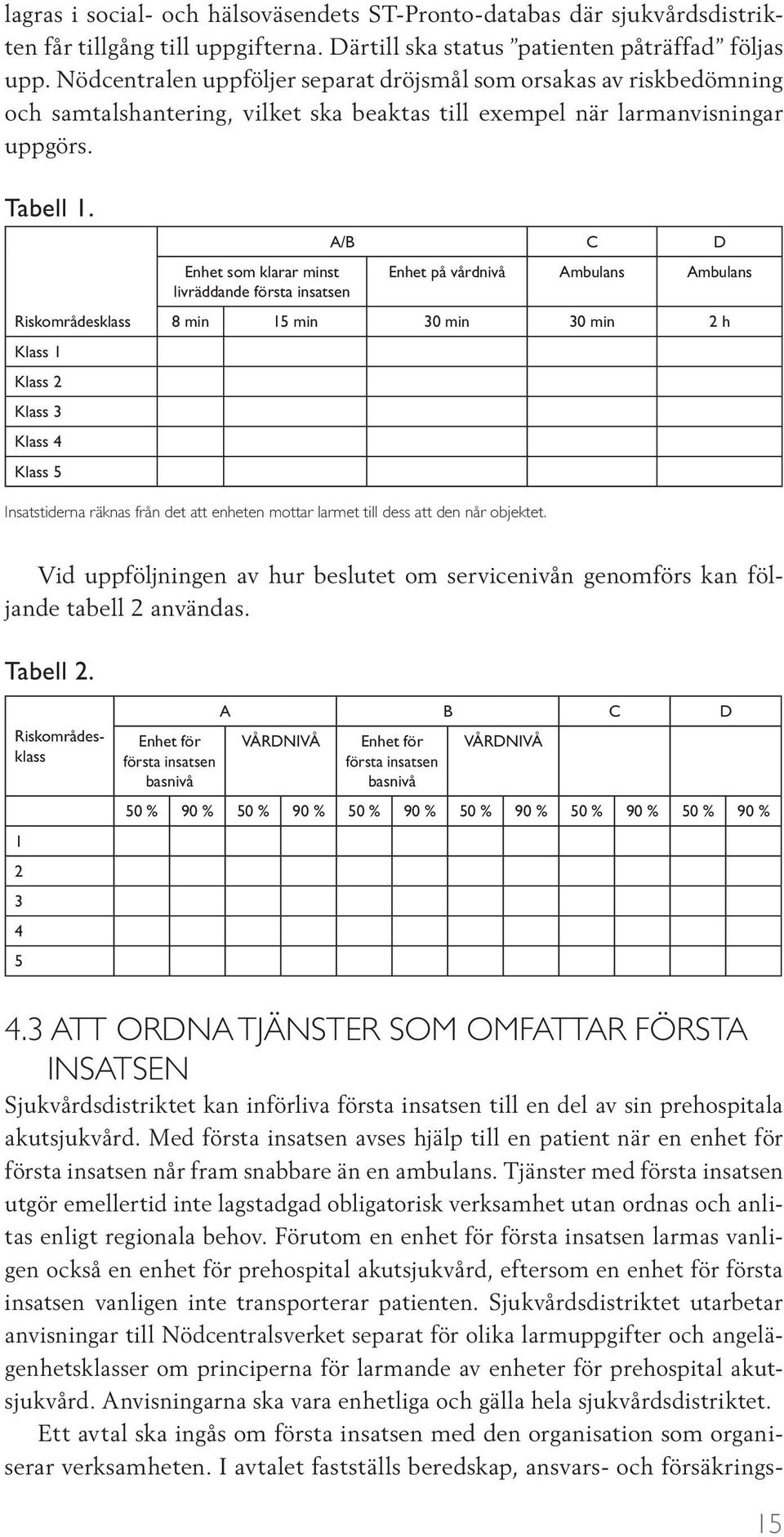 Riskområdesklass Klass 1 Klass 2 Klass 3 Klass 4 Klass 5 A/B C D Enhet som klarar minst Enhet på vårdnivå Ambulans Ambulans livräddande första insatsen 8 min 15 min 30 min 30 min 2 h Insatstiderna