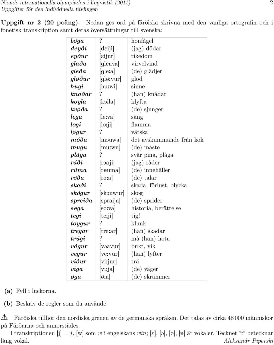 honfågel deyði [deiji] (jag) dödar eyður [Eijur] rikedom glaða [gleava] virvelvind gleða [gle:a] (de) glädjer gløður [glø:vur] glöd hugi [hu:wi] sinne knoðar? (han) knådar koyla [koila] klyfta kvøða?
