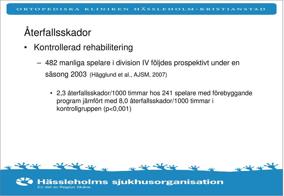 , AJSM, 2007) 2,3 återfallsskador/1000 timmar hos 241 spelare med