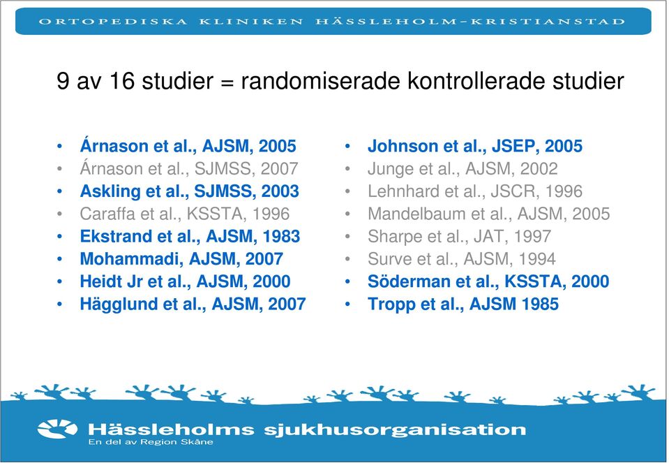 , AJSM, 1983 Mohammadi, AJSM, 2007 Heidt Jr et al., AJSM, 2000 Hägglund et al., AJSM, 2007 Johnson et al.