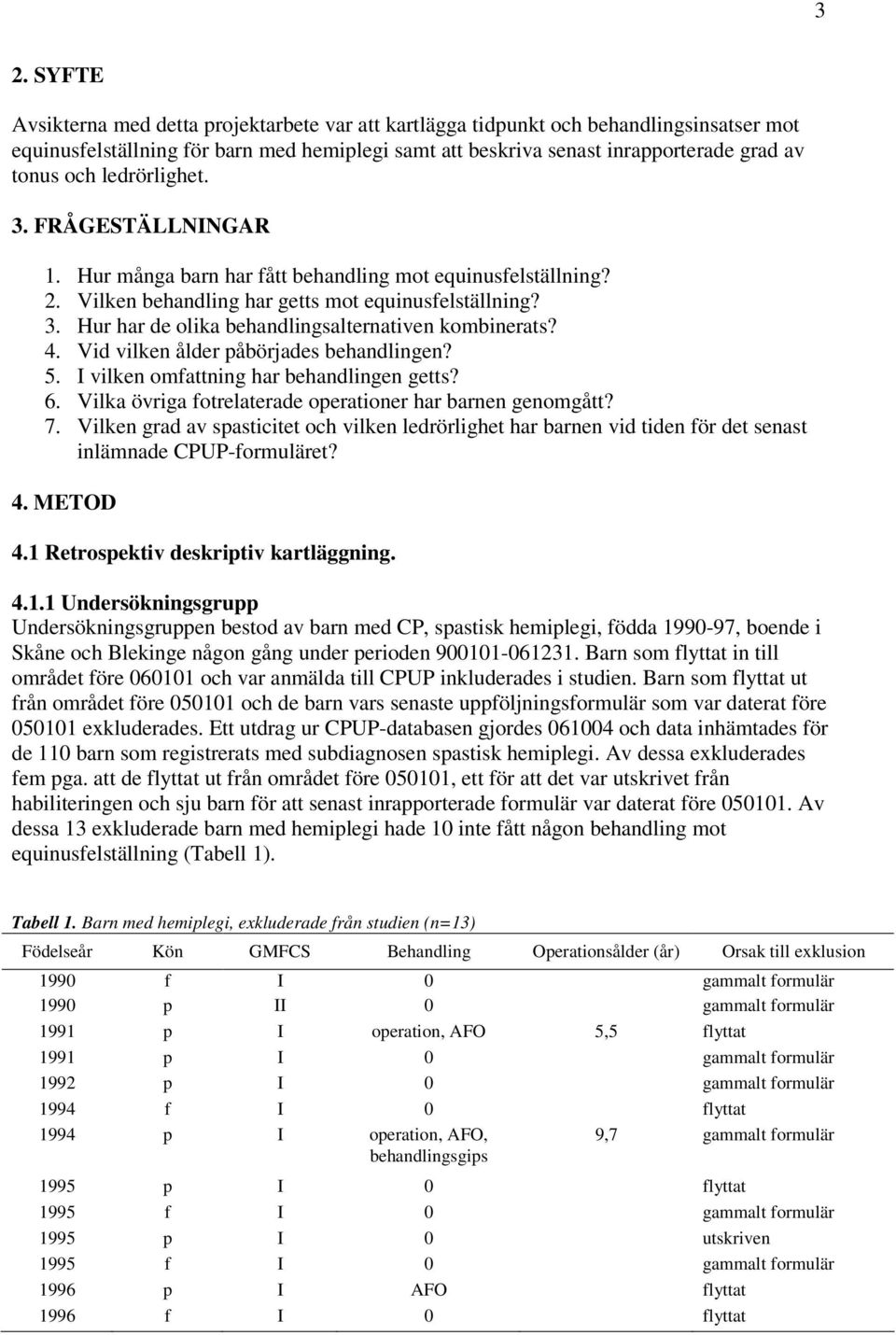 4. Vid vilken ålder påbörjades behandlingen? 5. I vilken omfattning har behandlingen getts? 6. Vilka övriga fotrelaterade operationer har barnen genomgått? 7.