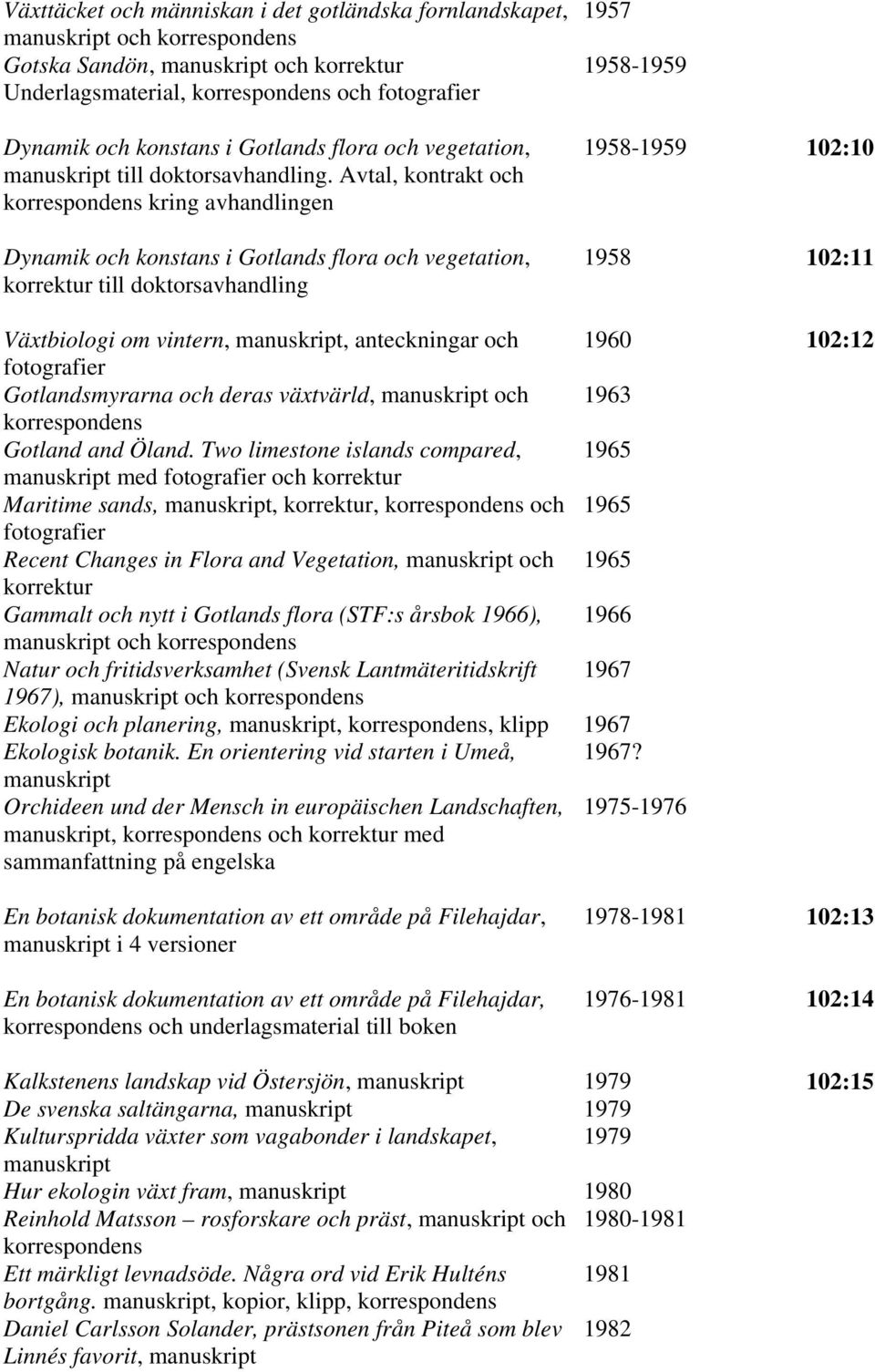 Avtal, kontrakt och kring avhandlingen Dynamik och konstans i Gotlands flora och vegetation, korrektur till doktorsavhandling 1958-1959 102:10 1958 102:11 Växtbiologi om vintern, manuskript,