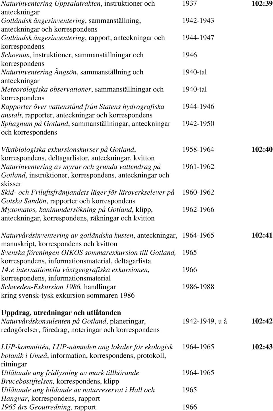 hydrografiska anstalt, rapporter, anteckningar och Sphagnum på Gotland, sammanställningar, anteckningar och Växtbiologiska exkursionskurser på Gotland,, deltagarlistor, anteckningar, kvitton