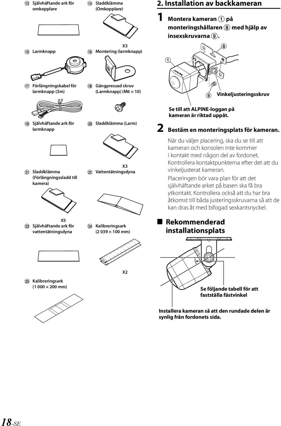 A H Q Förlängningskabel för larmknapp (3m) R Gängpressad skruv (Larmknapp) (M6 10) I Vinkeljusteringsskruv S Självhäftande ark för larmknapp U Sladdklämma (Förlängningssladd till kamera) X5 W