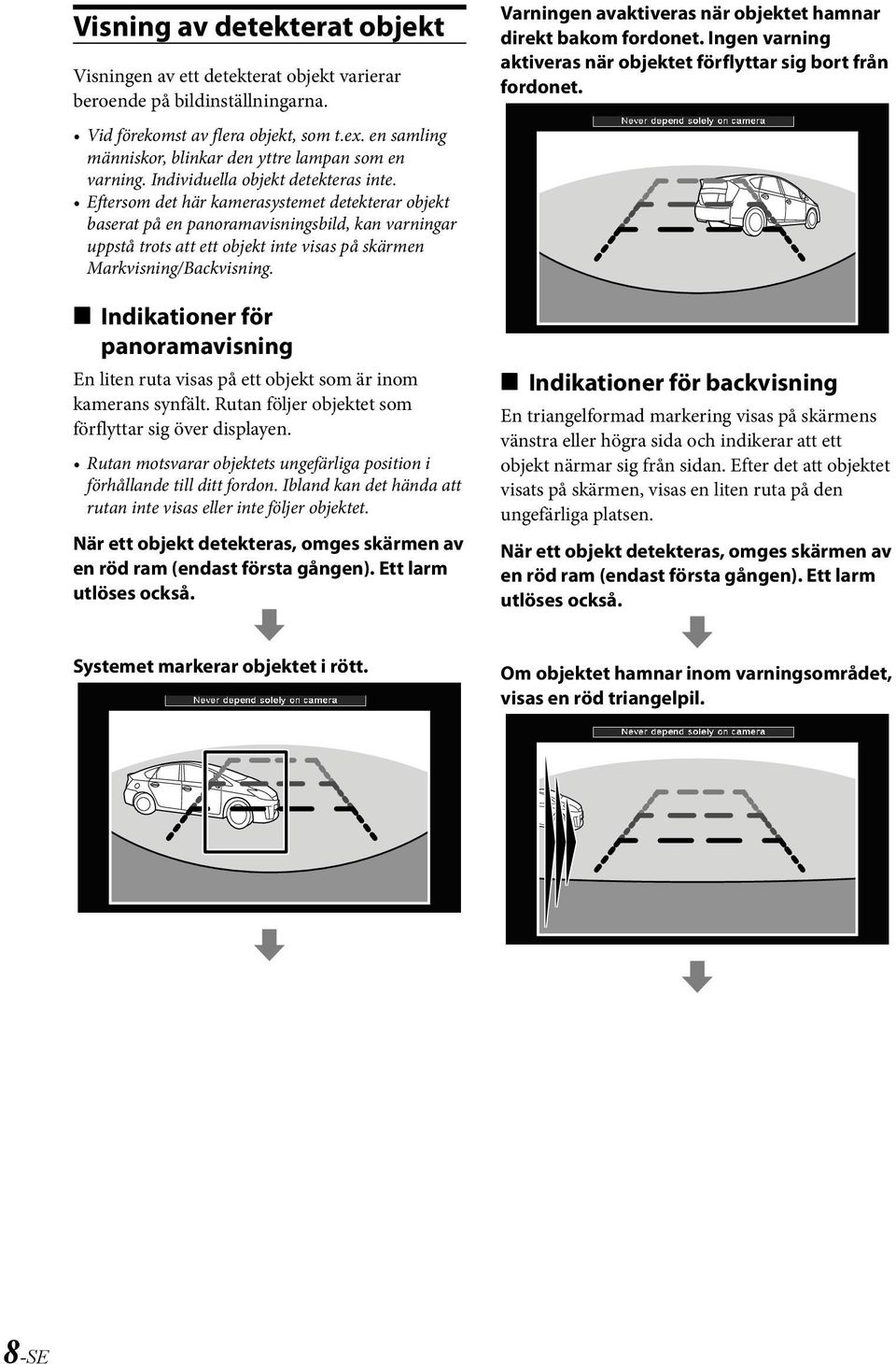 Eftersom det här kamerasystemet detekterar objekt baserat på en panoramavisningsbild, kan varningar uppstå trots att ett objekt inte visas på skärmen Markvisning/Backvisning.